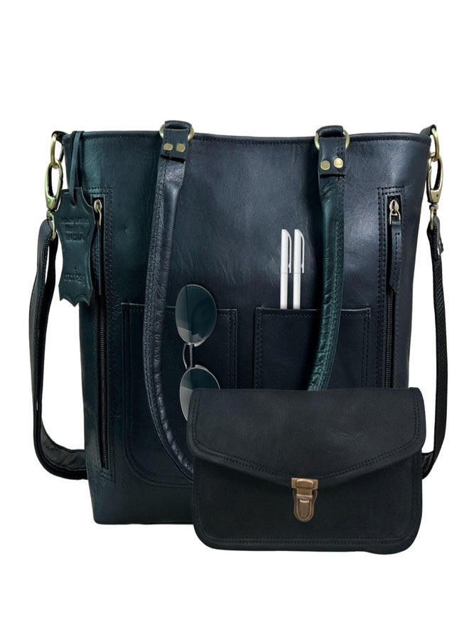 Madosh Women Shoulder Tote Black Leather Laptop Handbag Messenger Crossbody Office Work Bag With Clutch - Image 1